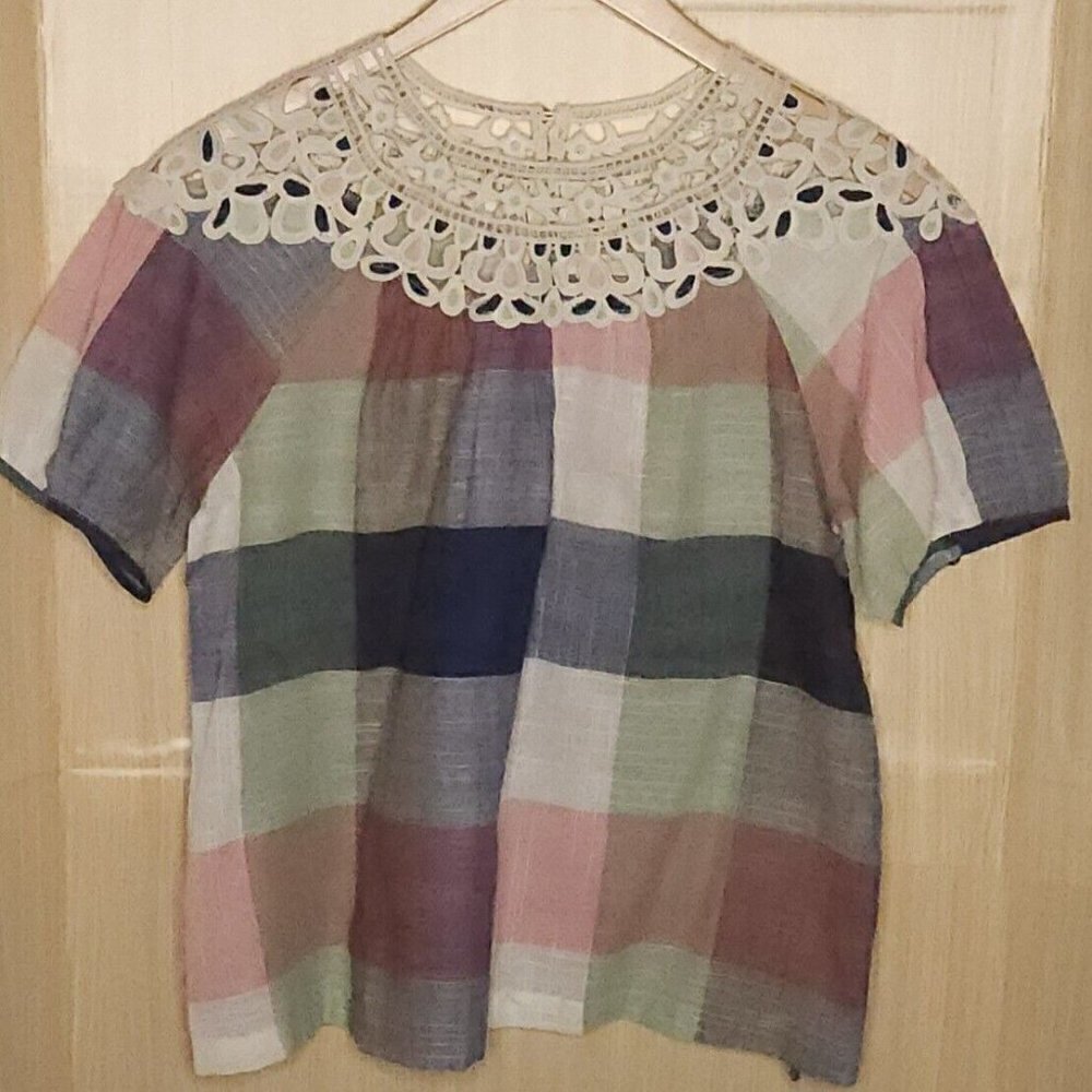 Mystree Womens NWOT Cotton Blend Plaid Crochet Detail Top Medium